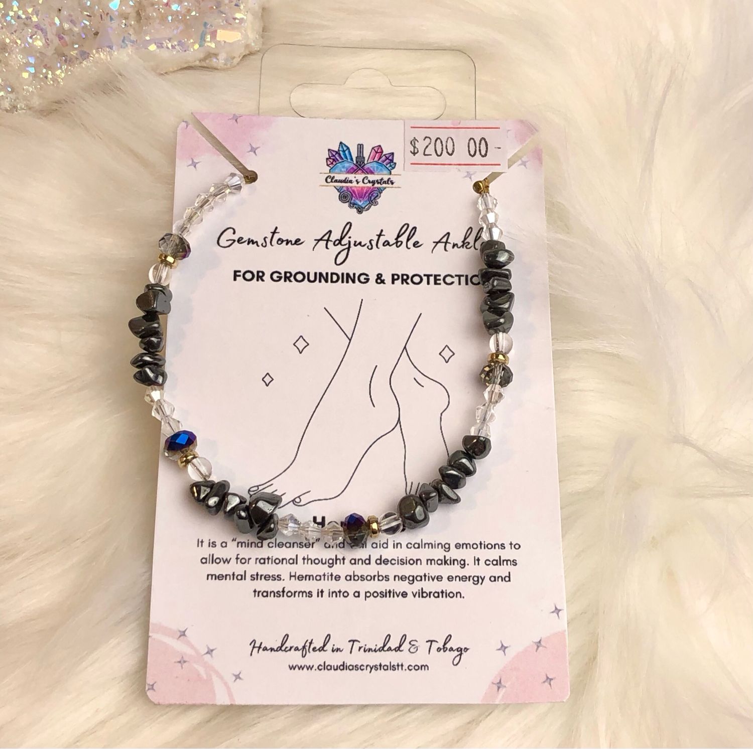 HEMATITE &amp; QUARTZ - Adjustable Silver-Plated Anklet