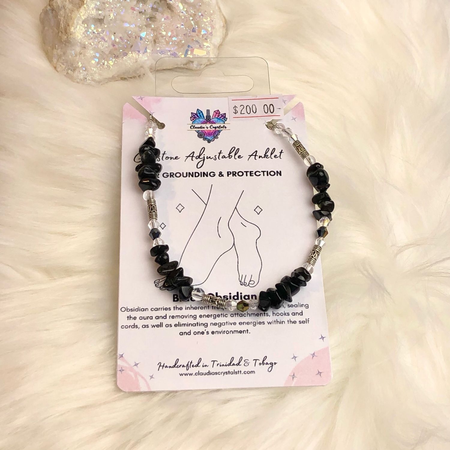 BLACK OBSIDIAN &amp; CLEAR QUARTZ - Adjustable Silver-Plated Anklet