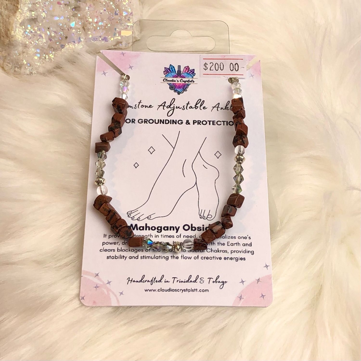 MAHOGANY OBSIDIAN &amp; QUARTZ - Adjustable Silver-Plated Anklet