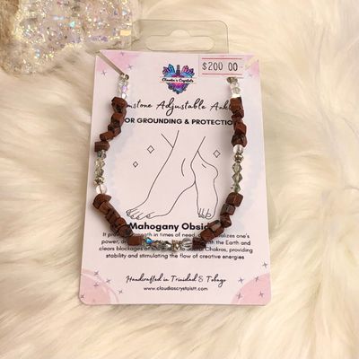 MAHOGANY OBSIDIAN &amp; QUARTZ - Adjustable Silver-Plated Anklet