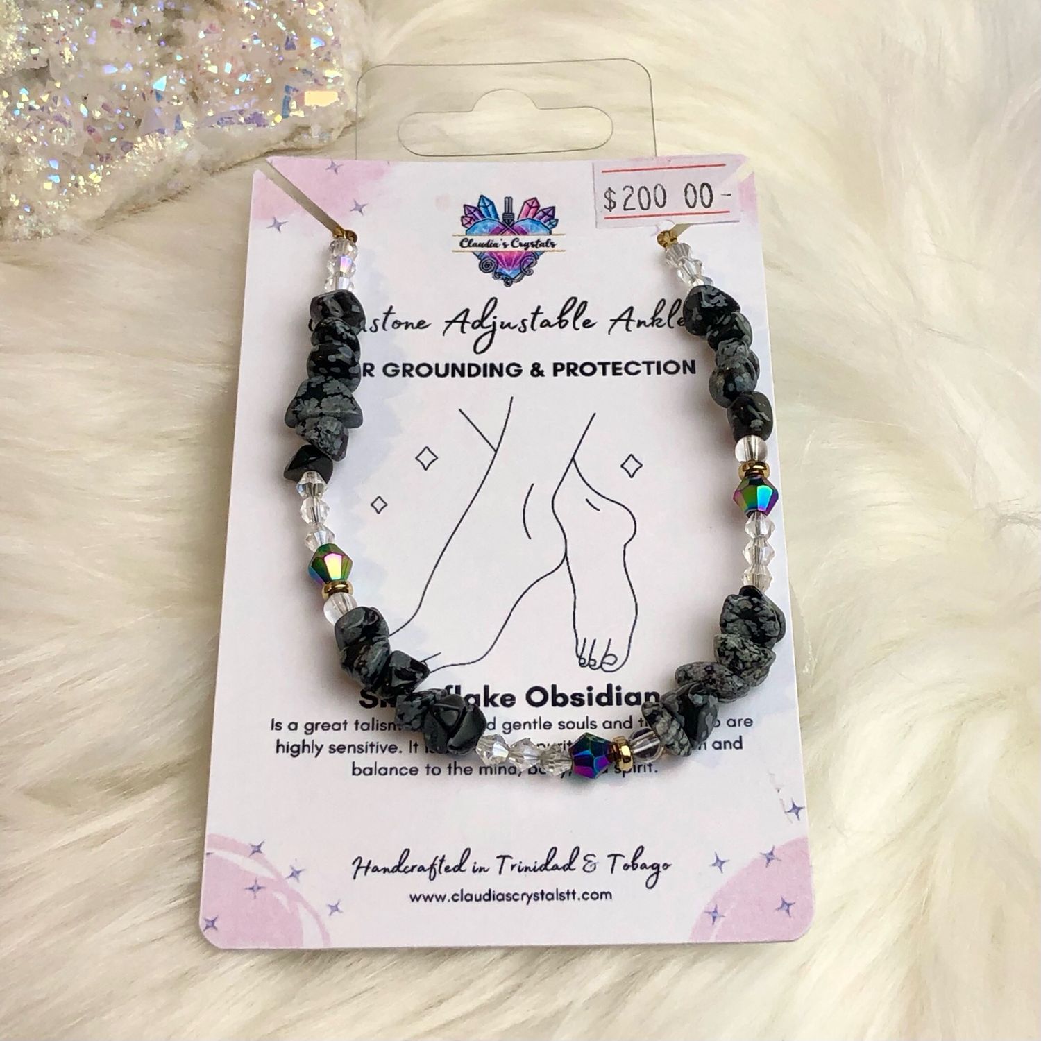SNOWFLAKE OBSIDIAN &amp; QUARTZ - Adjustable Silver-Plated Anklet