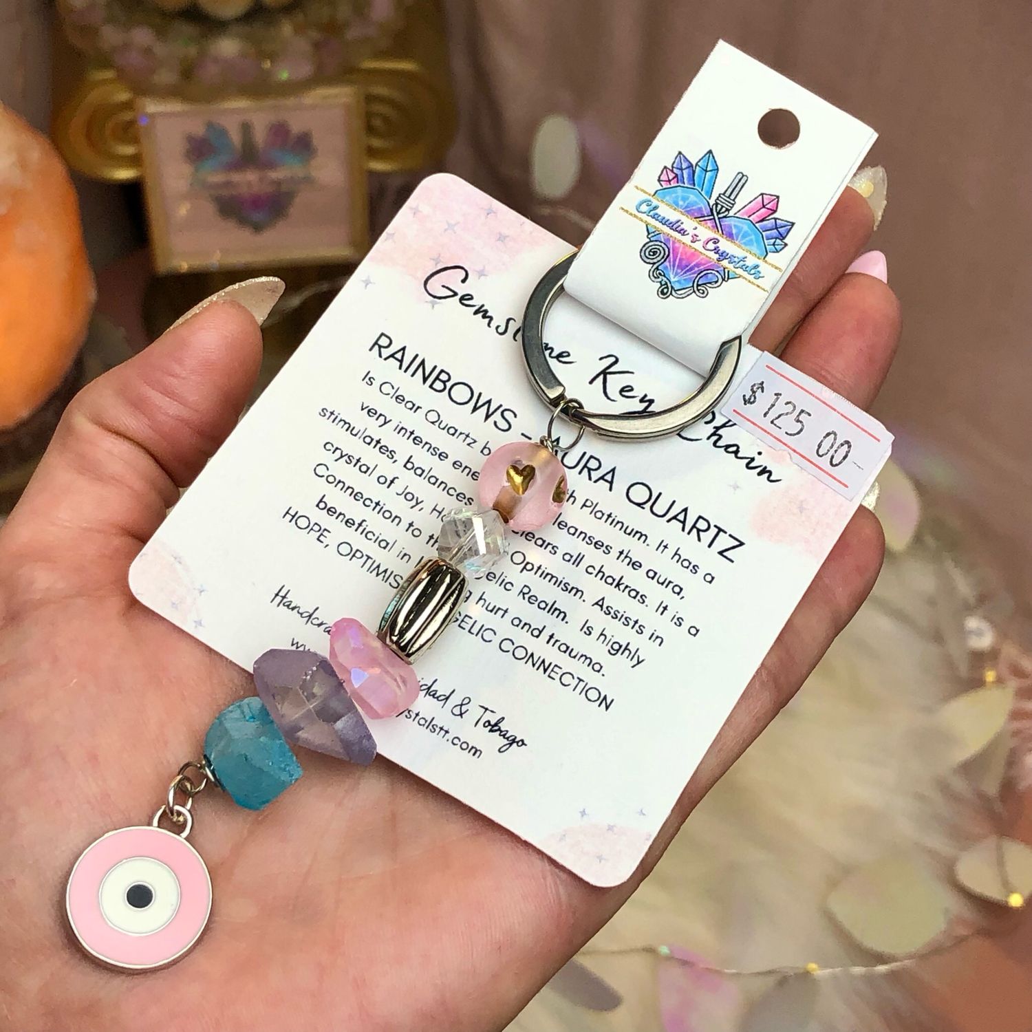 MIXED AURA QUARTZ &amp; PINK EVIL EYE - Gemstone Key Chain - Stainless Steel