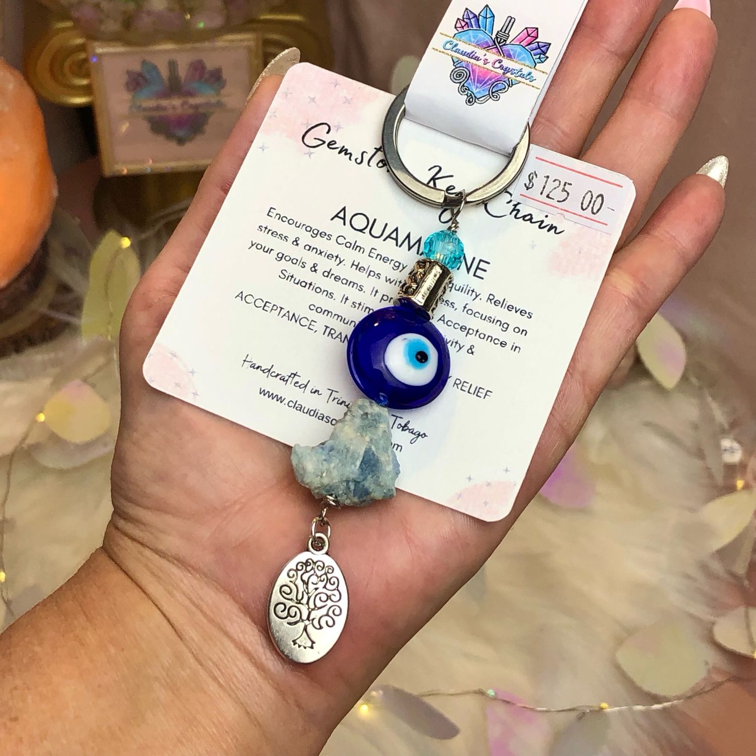 AQUAMARINE EVIL EYE- Tree of Life - Gemstone Key Chain