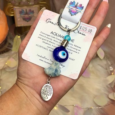AQUAMARINE EVIL EYE- Tree of Life - Gemstone Key Chain