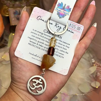CARNELIAN OM - Gemstone Key Chain - Stainless Steel