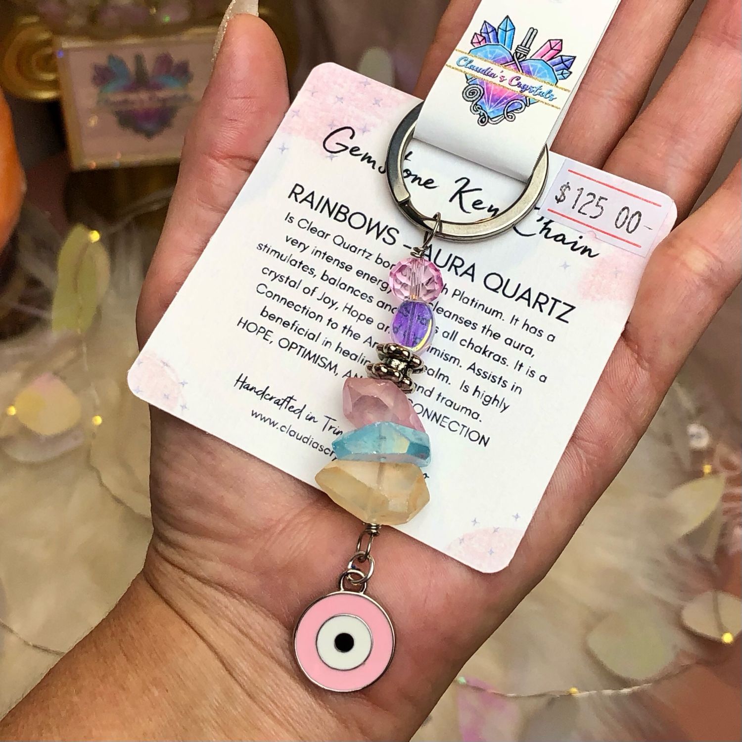 MIXED AURA QUARTZ &amp; PINK EVIL EYE - Gemstone Key Chain - Stainless Steel