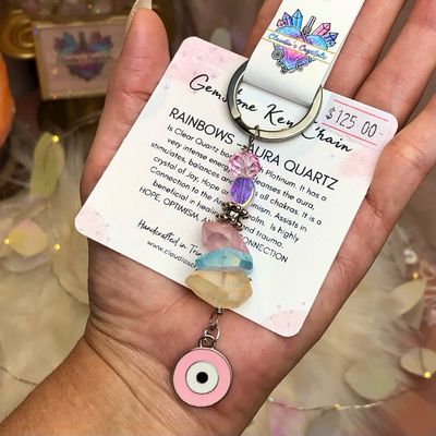 MIXED AURA QUARTZ &amp; PINK EVIL EYE - Gemstone Key Chain - Stainless Steel