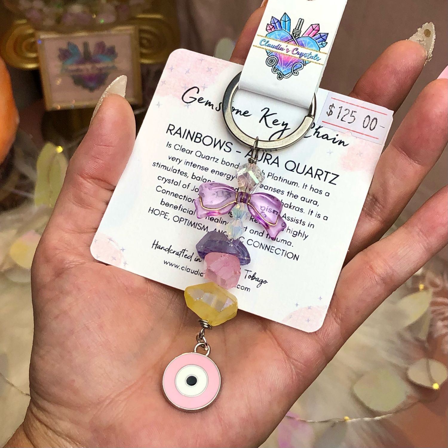 MIXED AURA QUARTZ &amp; PINK EVIL EYE - Gemstone Key Chain - Stainless Steel