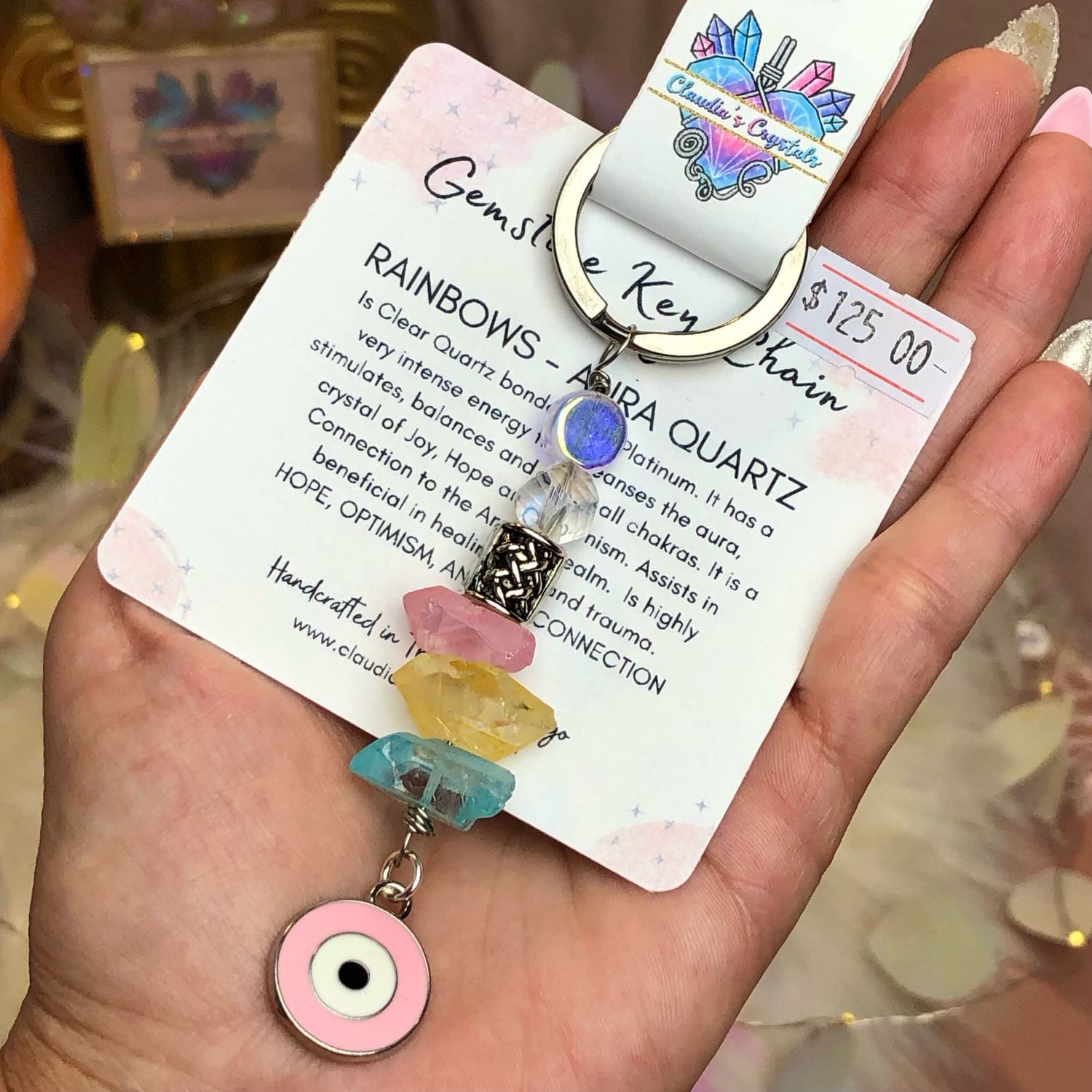 MIXED AURA QUARTZ &amp; PINK EVIL EYE - Gemstone Key Chain - Stainless Steel