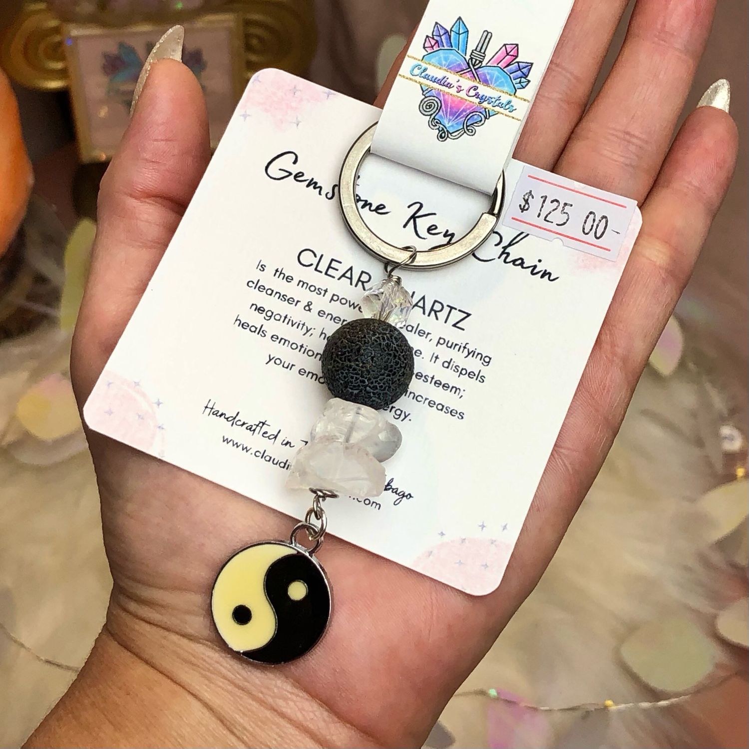 CLEAR QUARTZ YIN &amp; YANG - Gemstone Key Chain - Stainless Steel