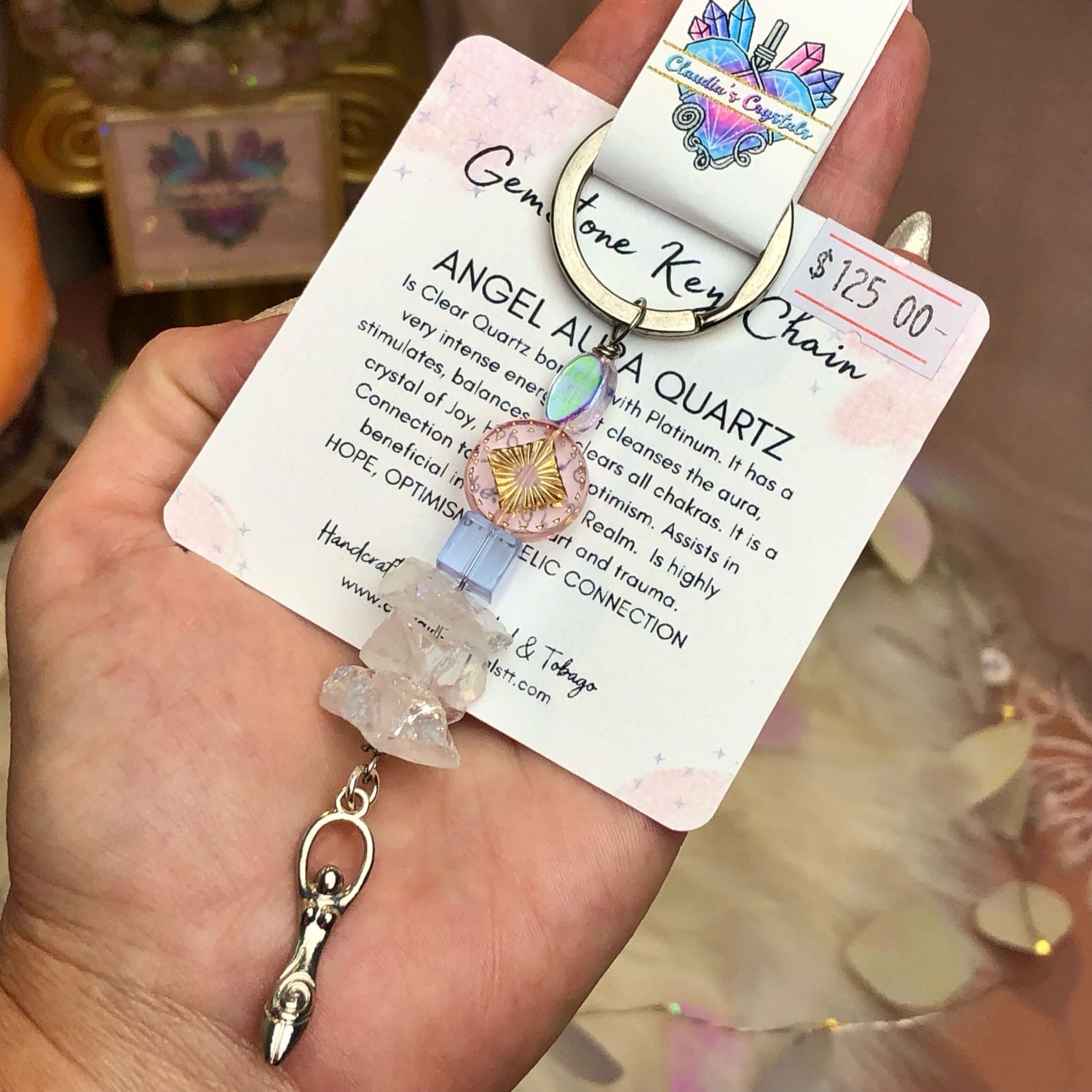 ANGEL AURA QUARTZ GODDESS - Gemstone Key Chain - Stainless Steel