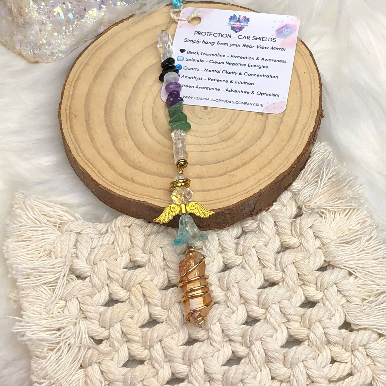 TANGERINE AURA QUARTZ POINT WITH ANGEL - Gold Plated Car Shield