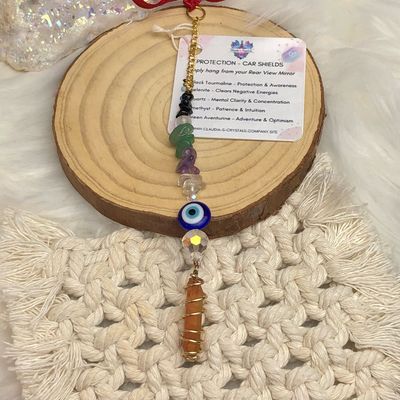 TANGERINE AURA QUARTZ &amp; EVIL EYE - Gold Plated Car Shield