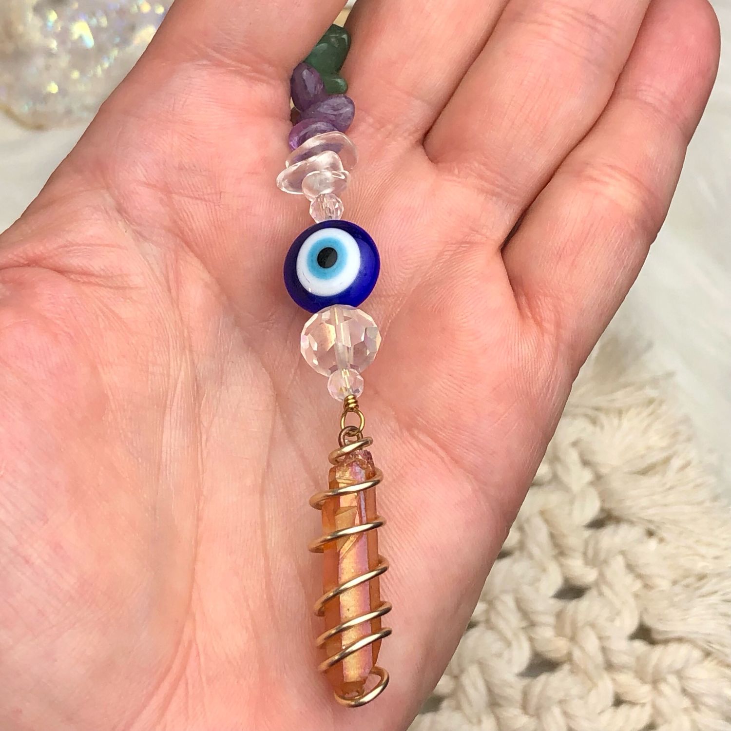 TANGERINE AURA QUARTZ &amp; EVIL EYE - Gold Plated Car Shield