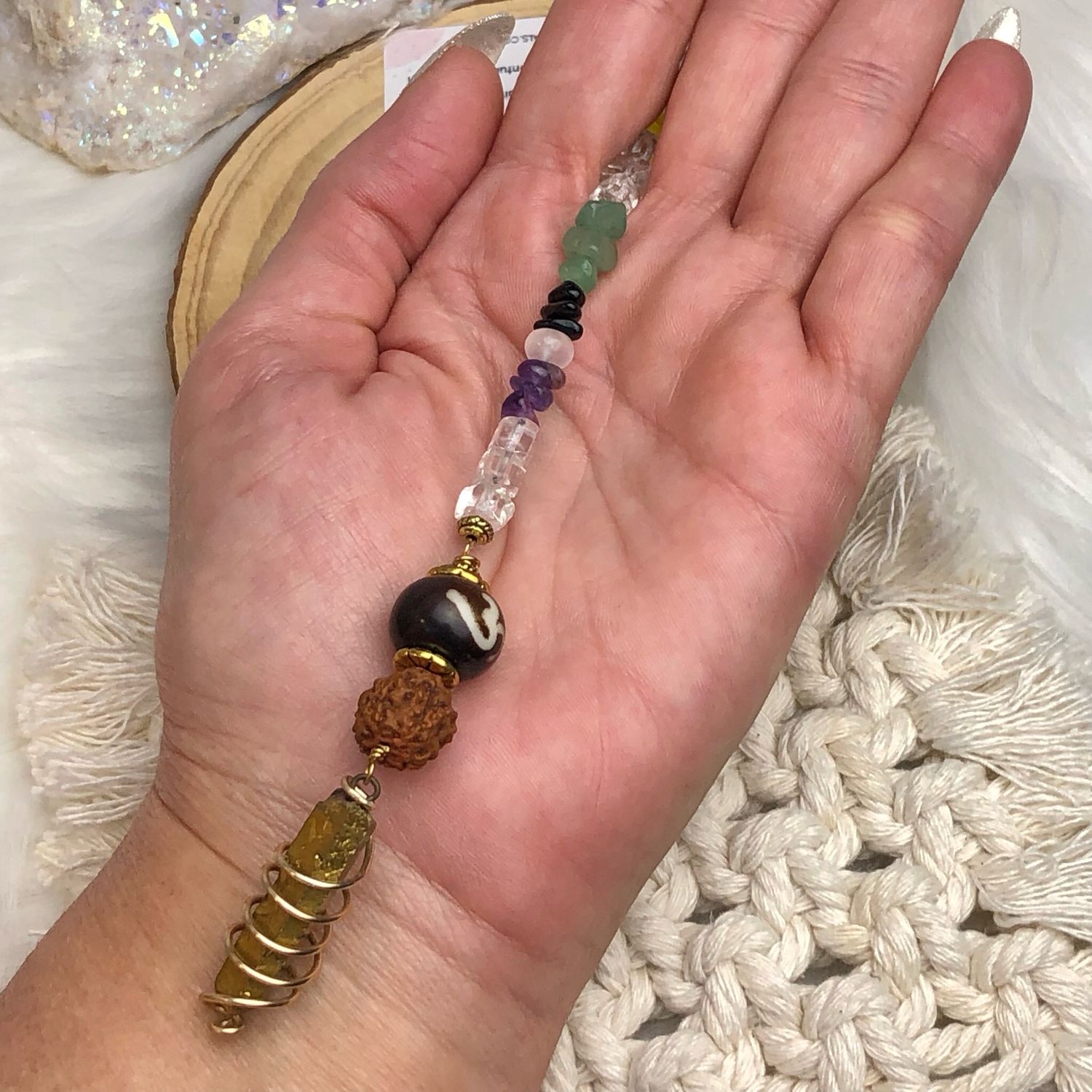 GOLD AURA QUARTZ POINT WITH RUDRAKSHA BEAD &amp; OM - Car Shield
