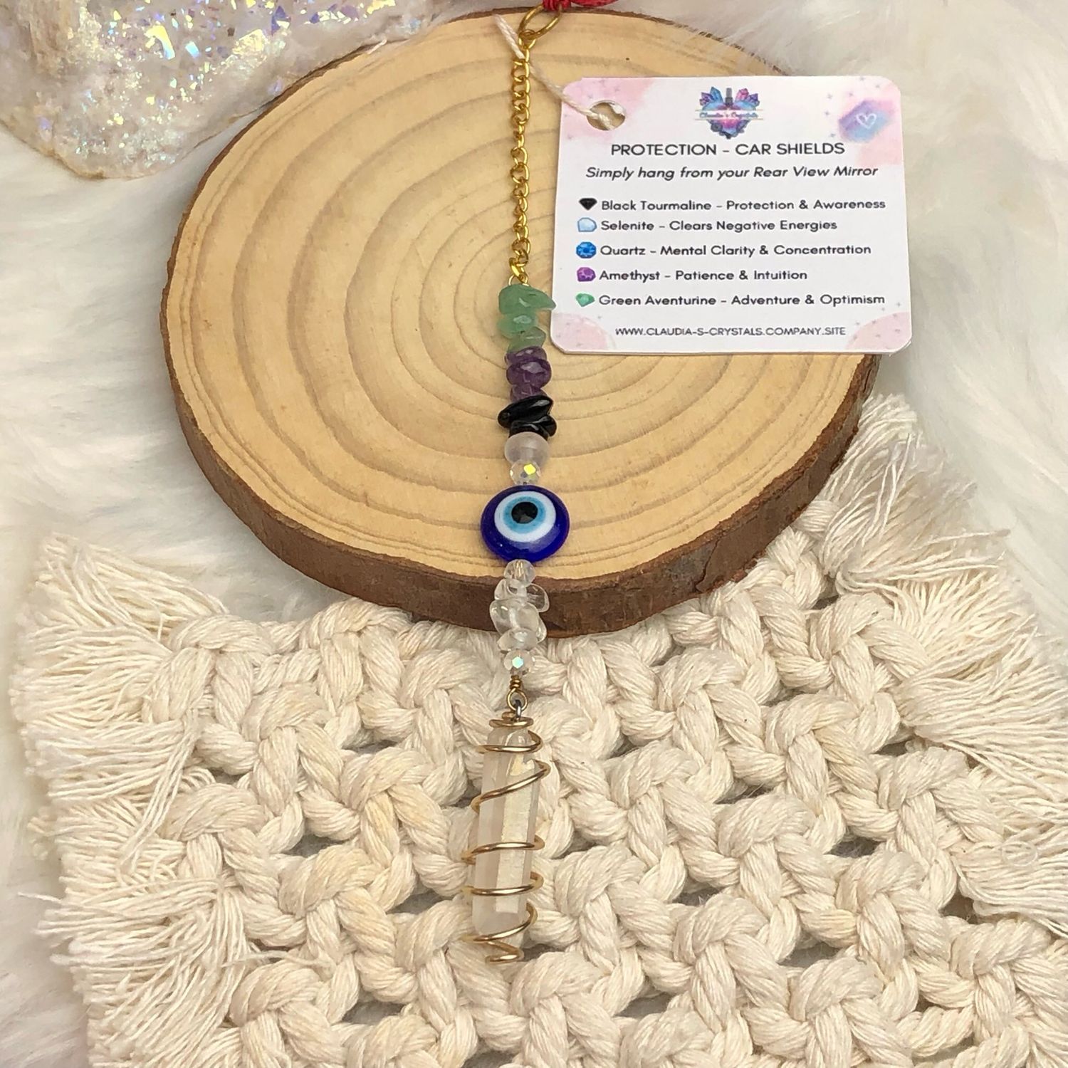 ANGEL AURA QUARTZ POINT &amp; EVIL EYE - Gold Plated Car Shield