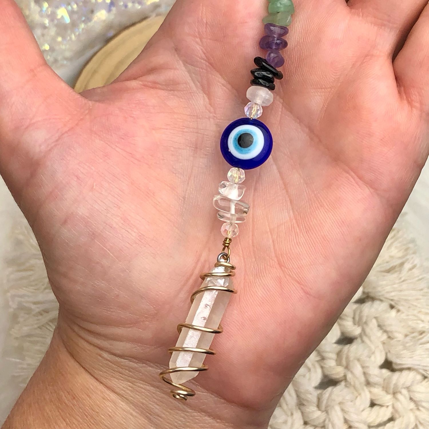 ANGEL AURA QUARTZ POINT &amp; EVIL EYE - Gold Plated Car Shield
