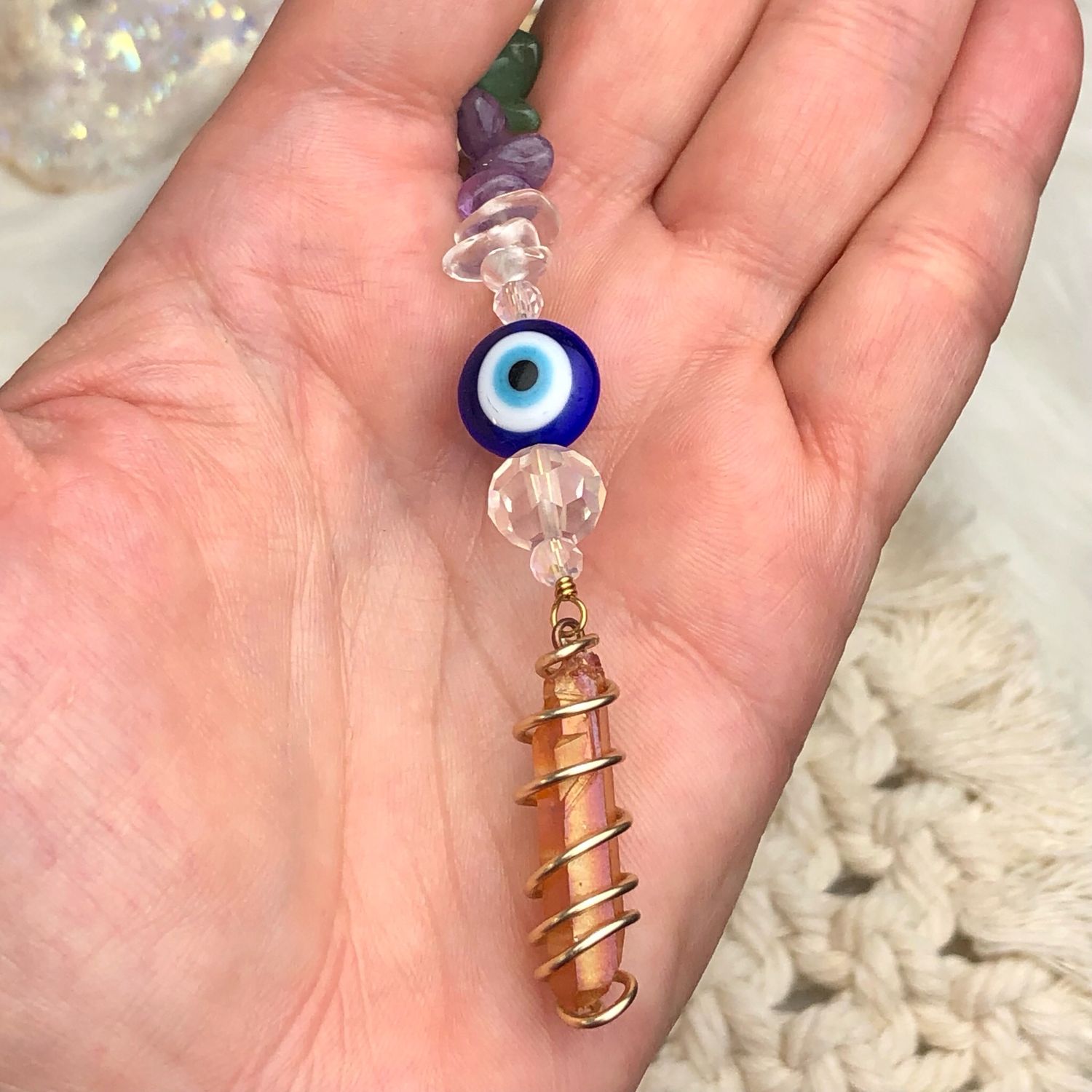 TANGERINE AURA QUARTZ &amp; EVIL EYE - Gold Plated Car Shield