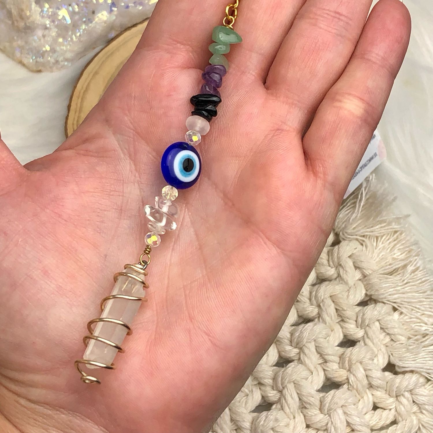 ANGEL AURA QUARTZ POINT &amp; EVIL EYE - Gold Plated Car Shield