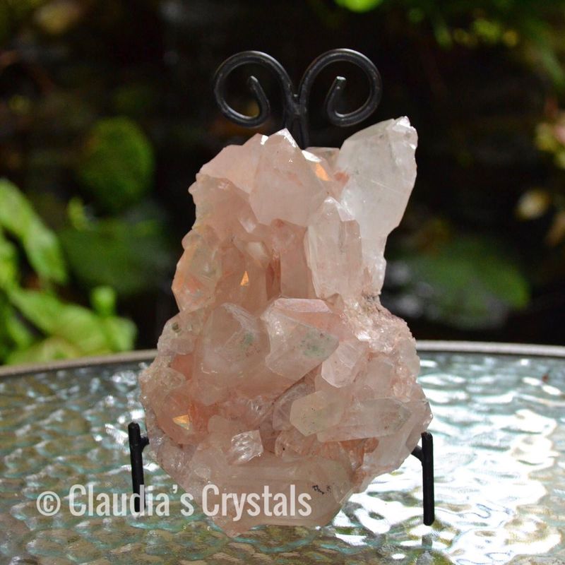 💗HUGE PINK HIMALAYAN QUARTZ CLUSTER - on wrought iron stand