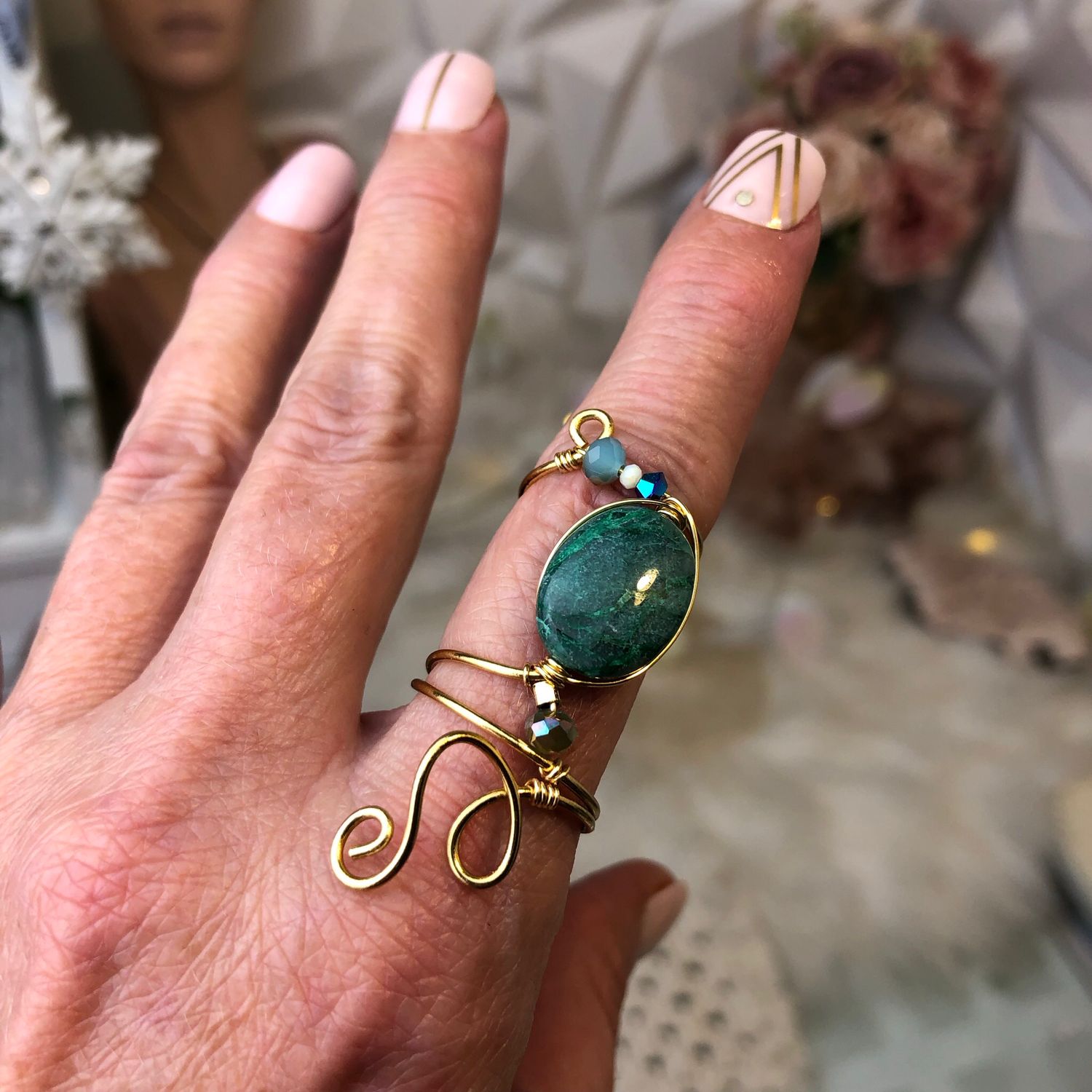 GREEN CRAZY LACE AGATE - Adjustable Ring - Gold Plated