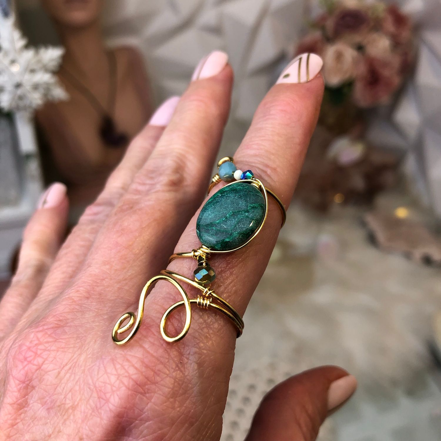 GREEN CRAZY LACE AGATE - Adjustable Ring - Gold Plated