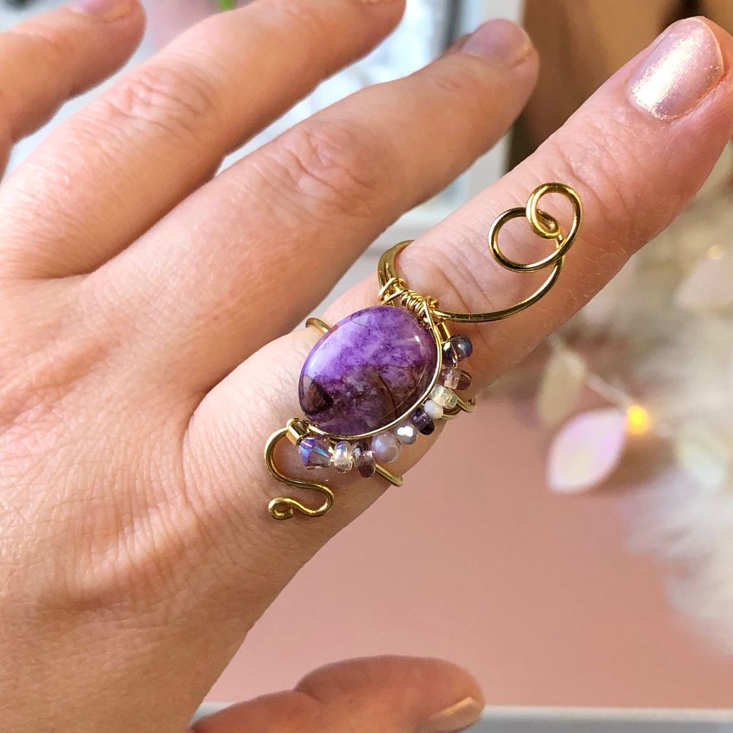 PURPLE CRAZY LACE AGATE - Adjustable Ring - Gold Plated