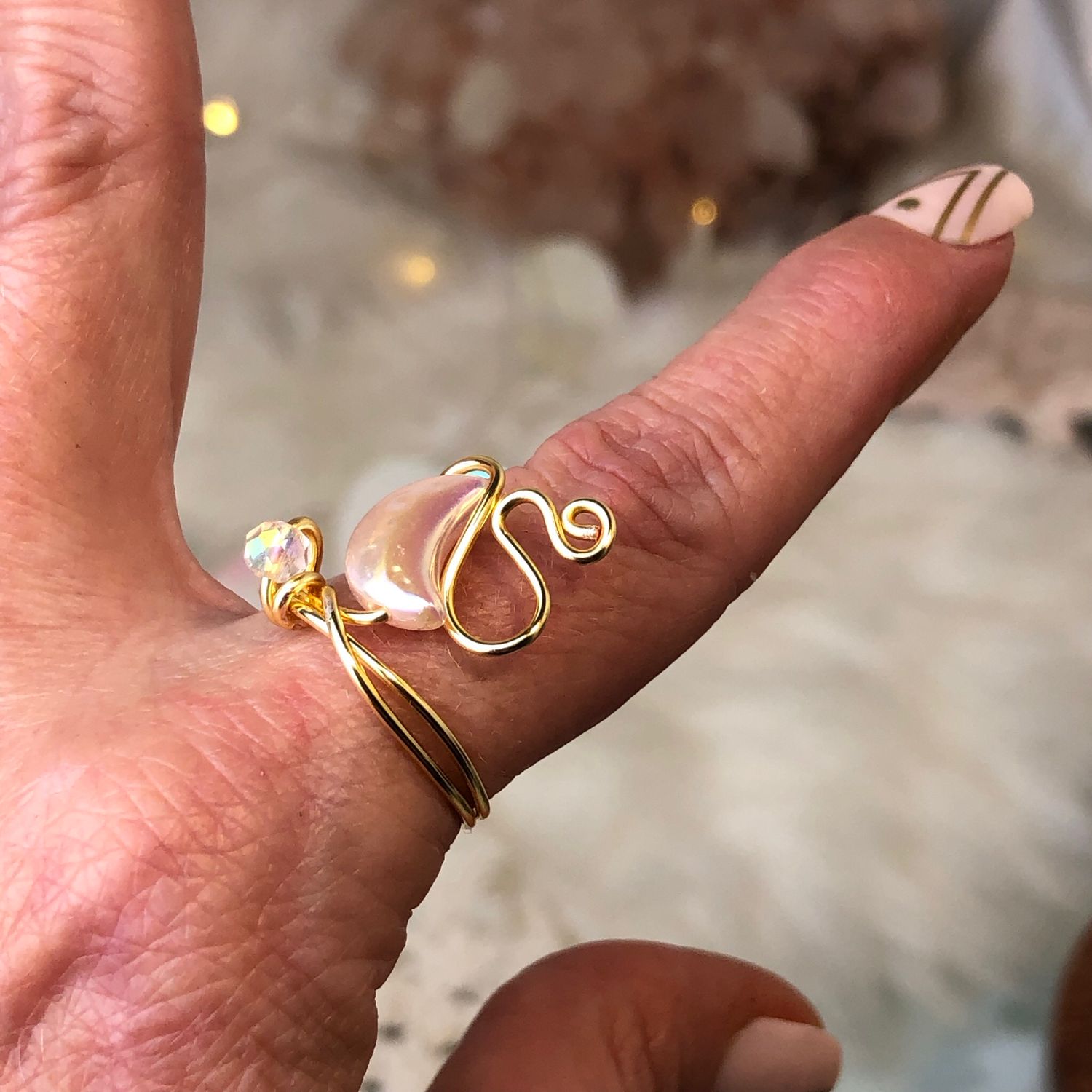 PINK CRESCENT MOON - Adjustable Ring - Gold Plated