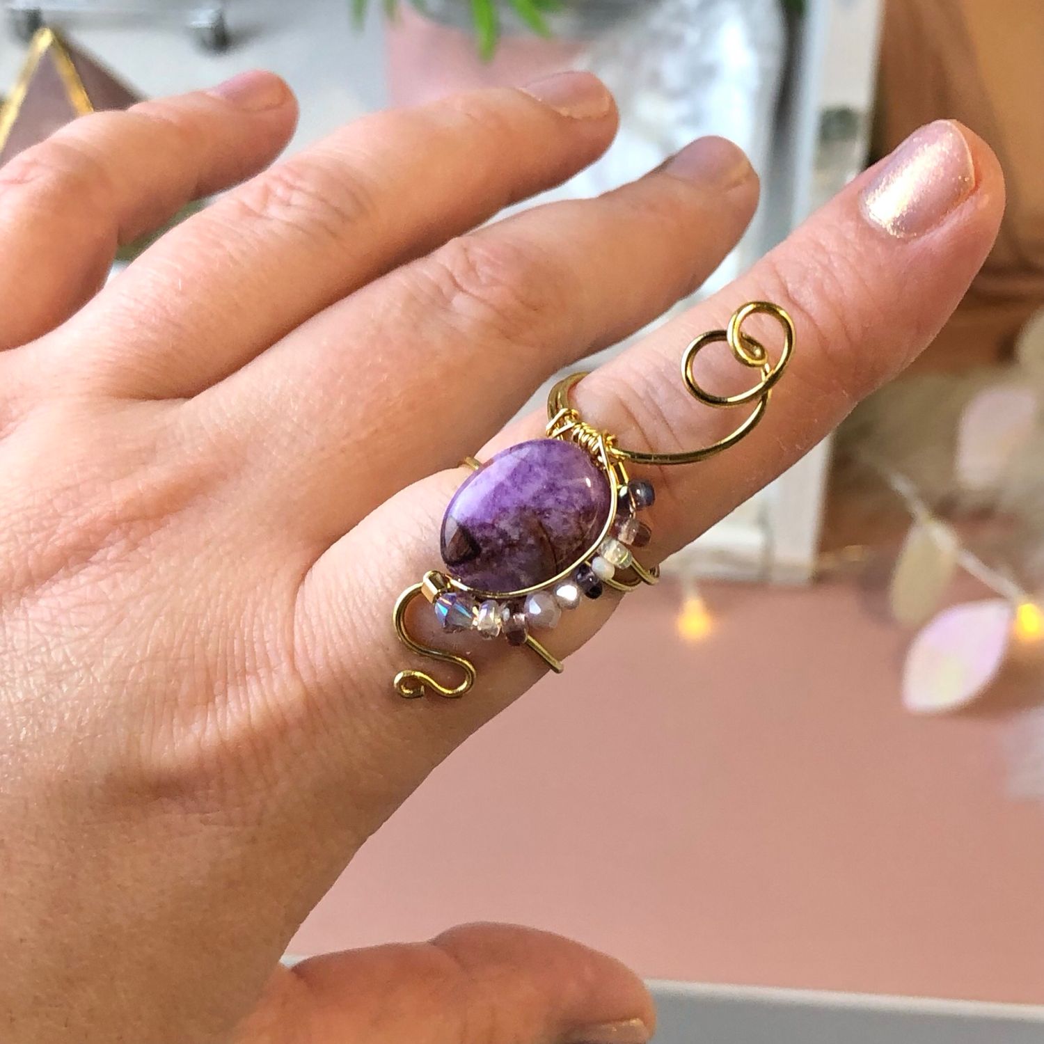 PURPLE CRAZY LACE AGATE - Adjustable Ring - Gold Plated