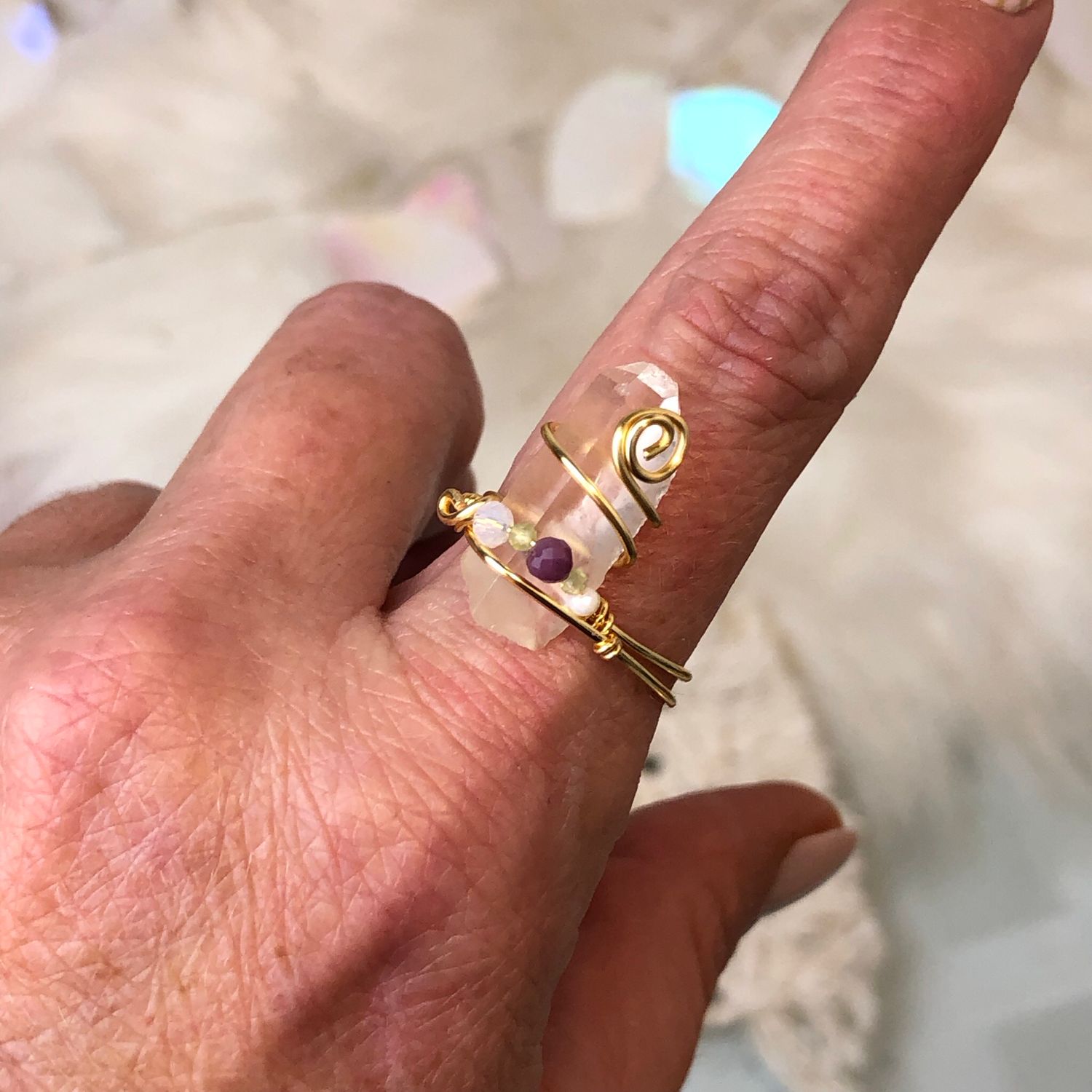 CLEAR QUARTZ POINT - Adjustable Ring - Gold Plated