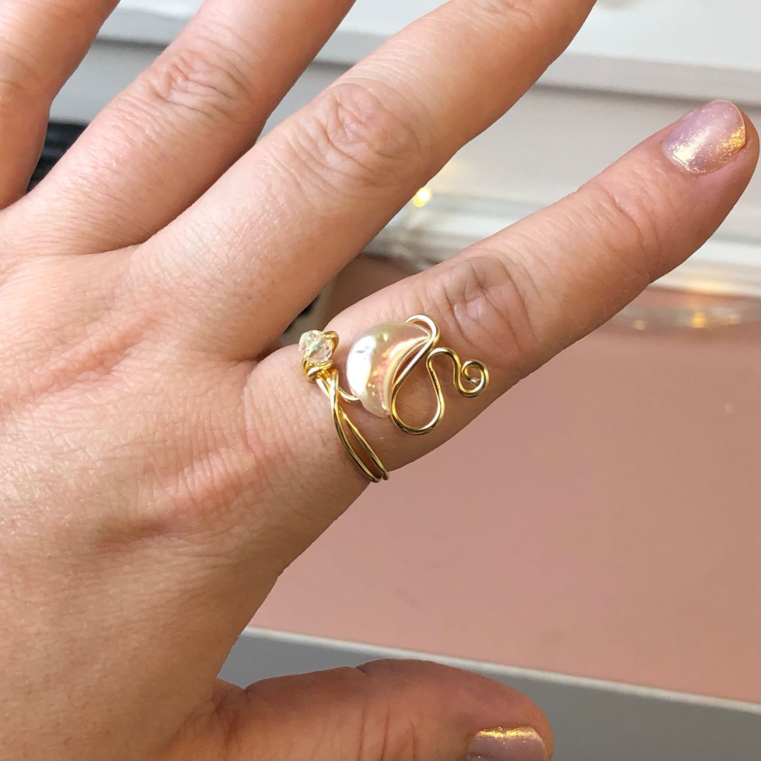 PINK CRESCENT MOON - Adjustable Ring - Gold Plated