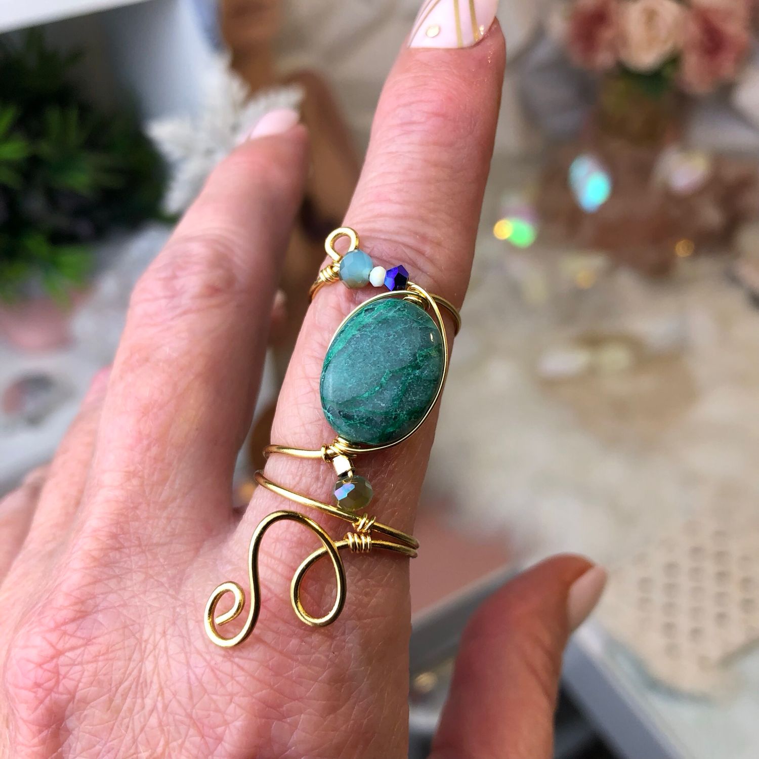 GREEN CRAZY LACE AGATE - Adjustable Ring - Gold Plated