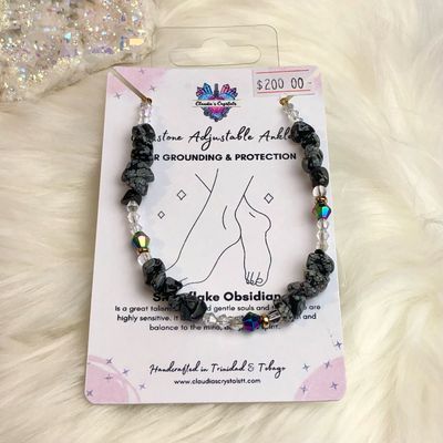 SNOWFLAKE OBSIDIAN &amp; QUARTZ - Adjustable Silver-Plated Anklet