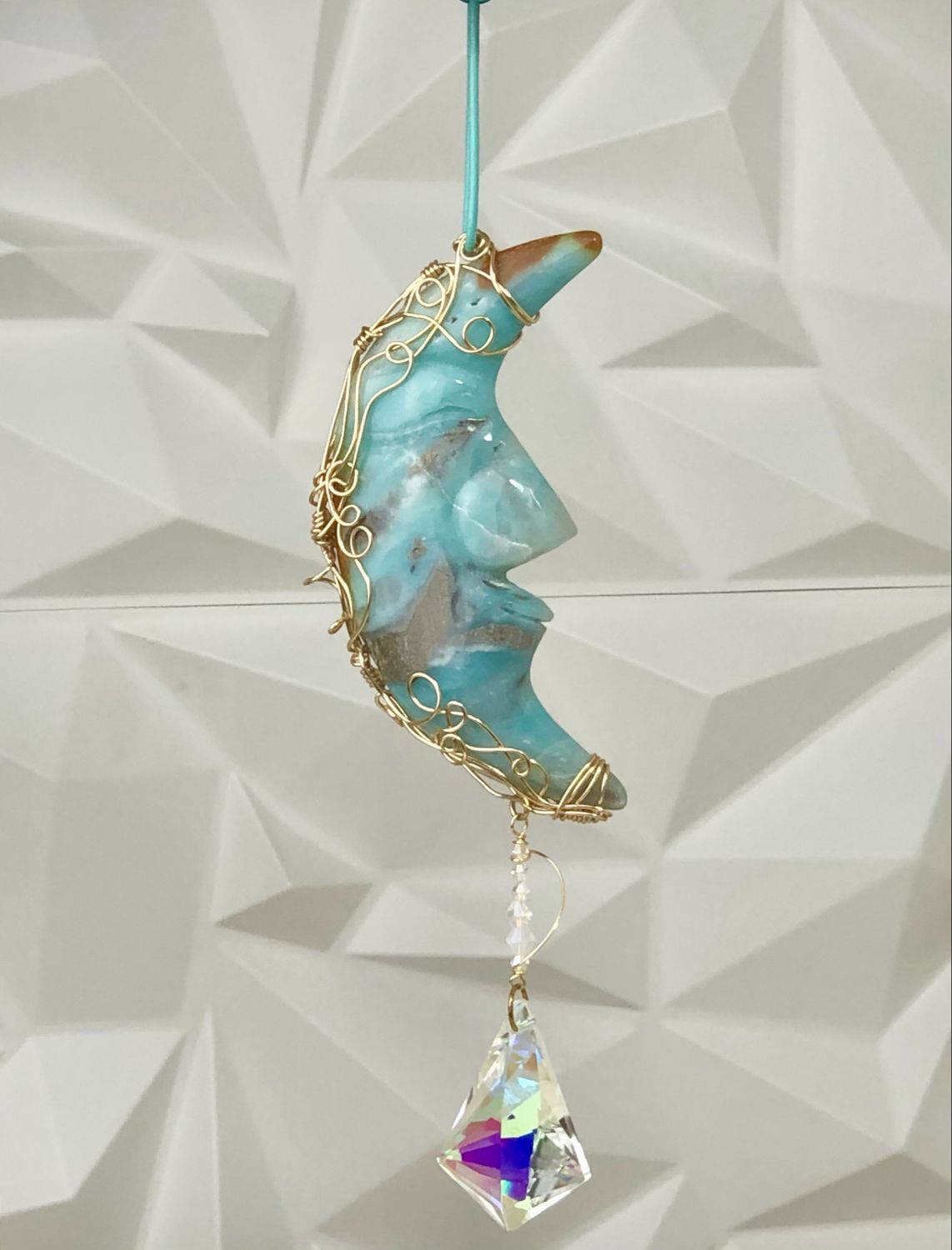 🌊 CARIBBEAN BLUE CALCITE MOON - Gemstone Light Catcher - Hand-wrapped In Gold Plated Wire