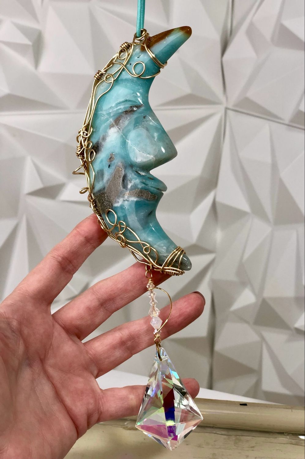 🌊 CARIBBEAN BLUE CALCITE MOON - Gemstone Light Catcher - Hand-wrapped In Gold Plated Wire