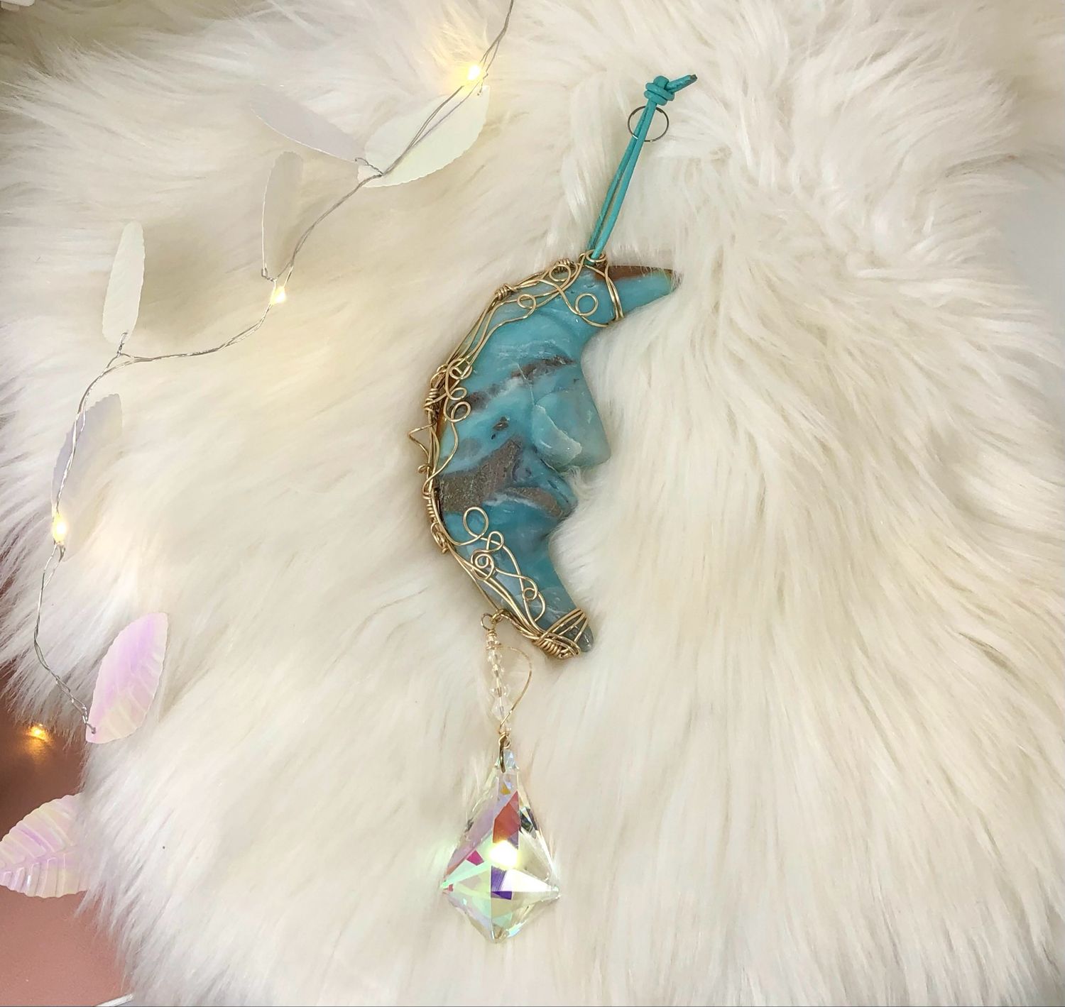 🌊 CARIBBEAN BLUE CALCITE MOON - Gemstone Light Catcher - Hand-wrapped In Gold Plated Wire