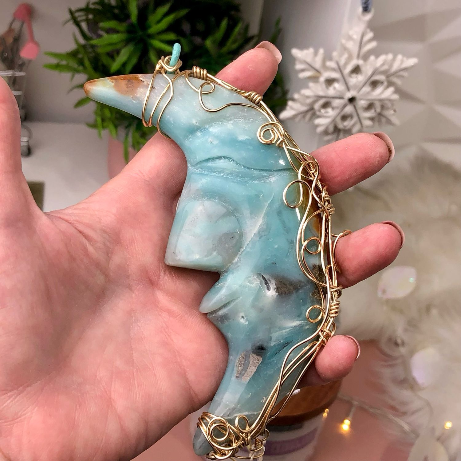 🌊 CARIBBEAN BLUE CALCITE MOON - Gemstone Light Catcher - Hand-wrapped In Gold Plated Wire