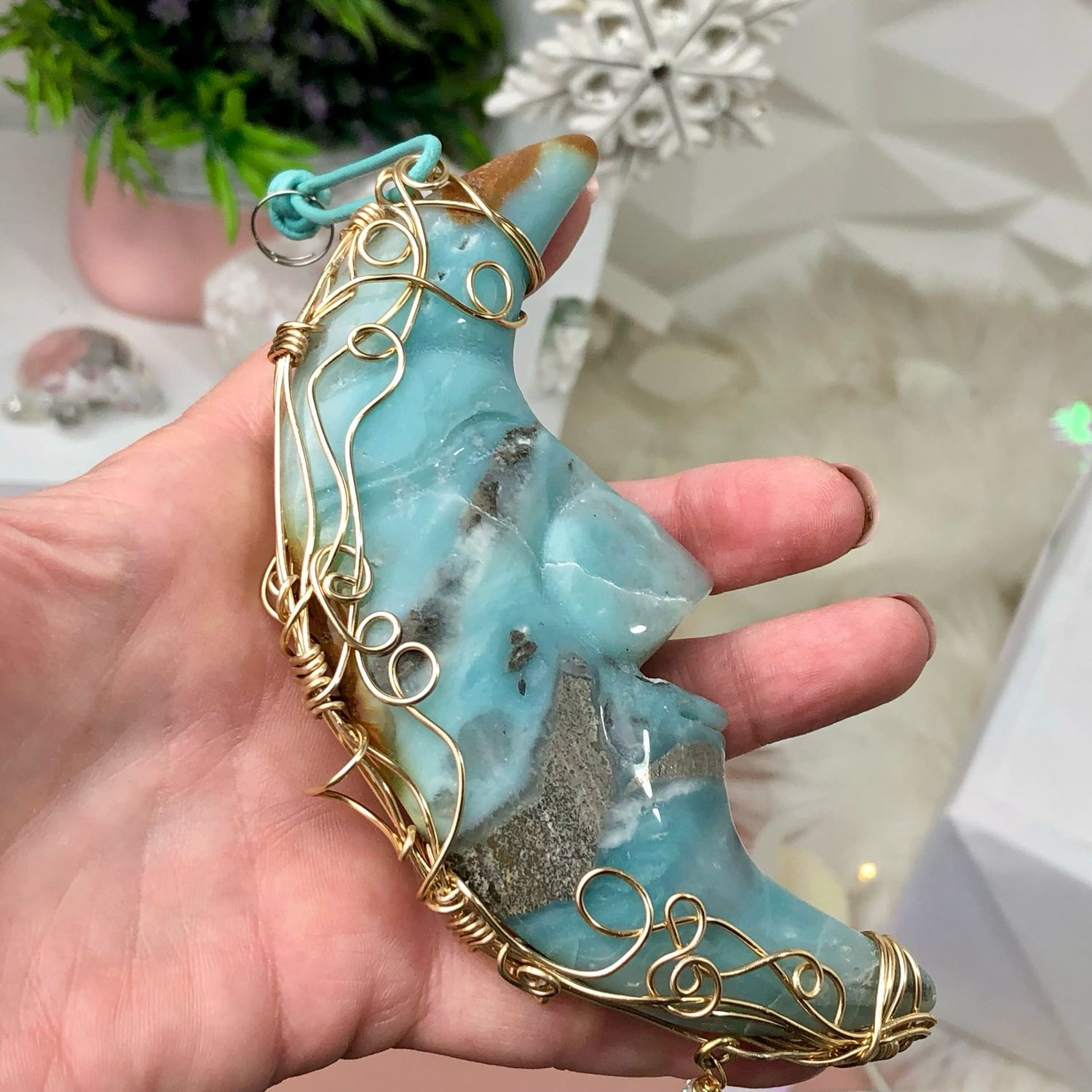 🌊 CARIBBEAN BLUE CALCITE MOON - Gemstone Light Catcher - Hand-wrapped In Gold Plated Wire