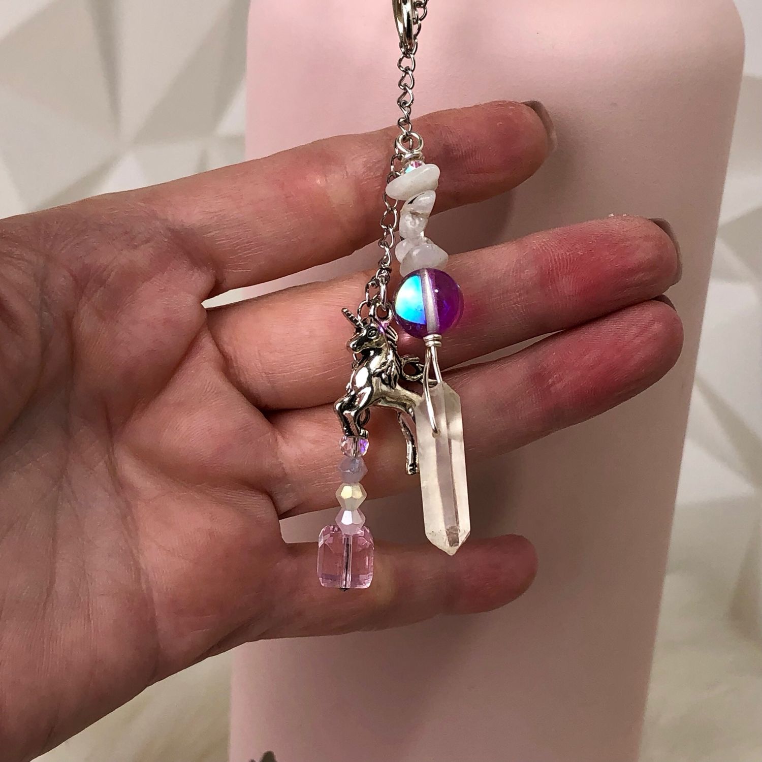 🪅 Gemstone Bottle Charm - QUARTZ POINT AND RAINBOW MOONSTONE (Unicorn)