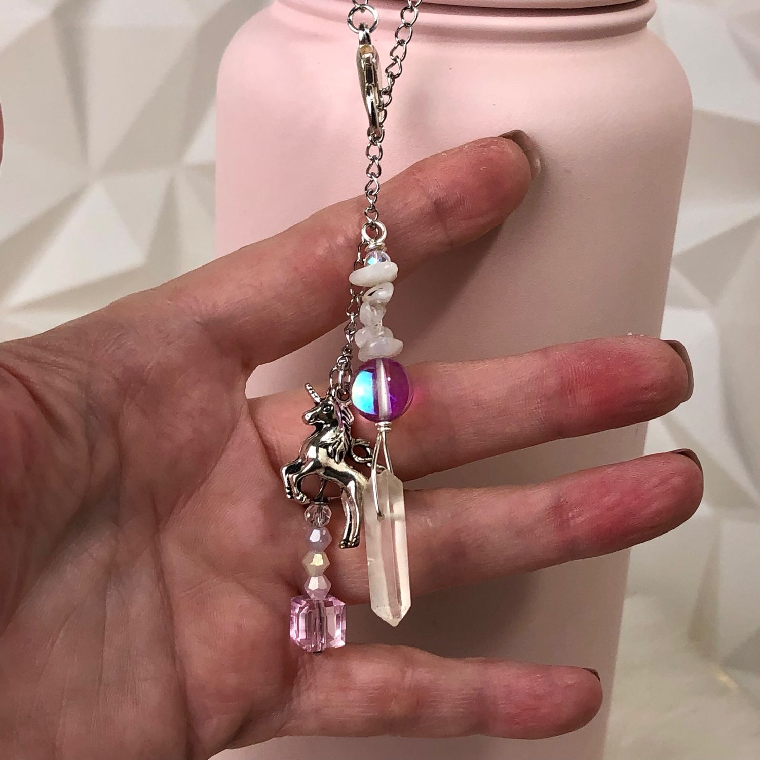 🪅 Gemstone Bottle Charm - QUARTZ POINT AND RAINBOW MOONSTONE (Unicorn)