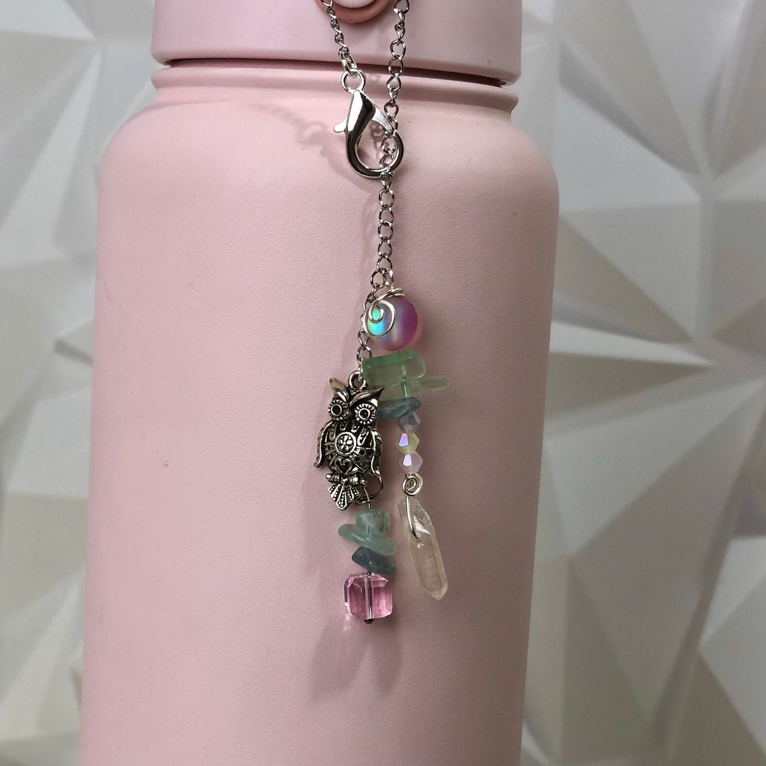 🦉Gemstone Bottle Charm - CLEAR QUARTZ POINT AND RAINBOW FLUORITE CHIPS (Owl)