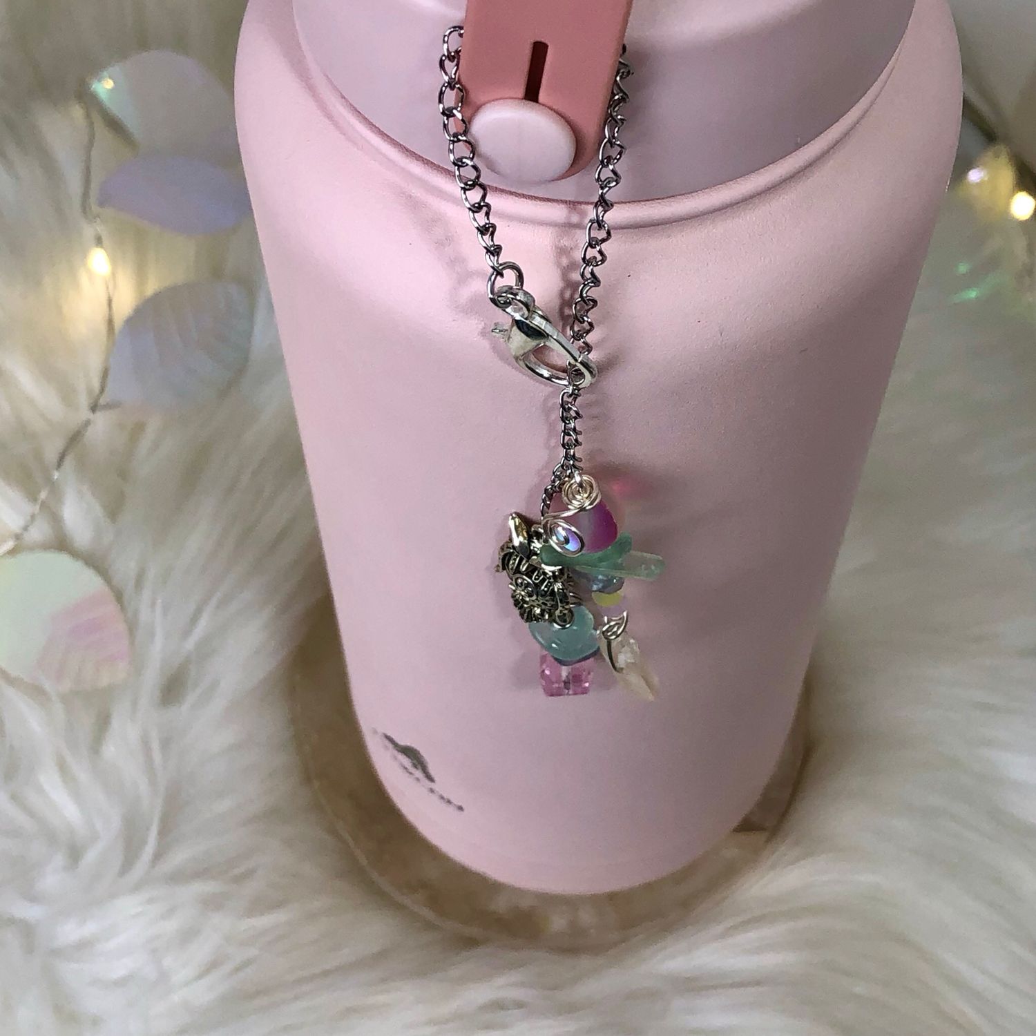 🦉Gemstone Bottle Charm - CLEAR QUARTZ POINT AND RAINBOW FLUORITE CHIPS (Owl)