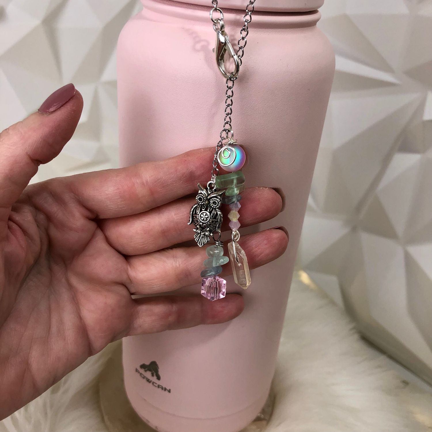 🦉Gemstone Bottle Charm - CLEAR QUARTZ POINT AND RAINBOW FLUORITE CHIPS (Owl)