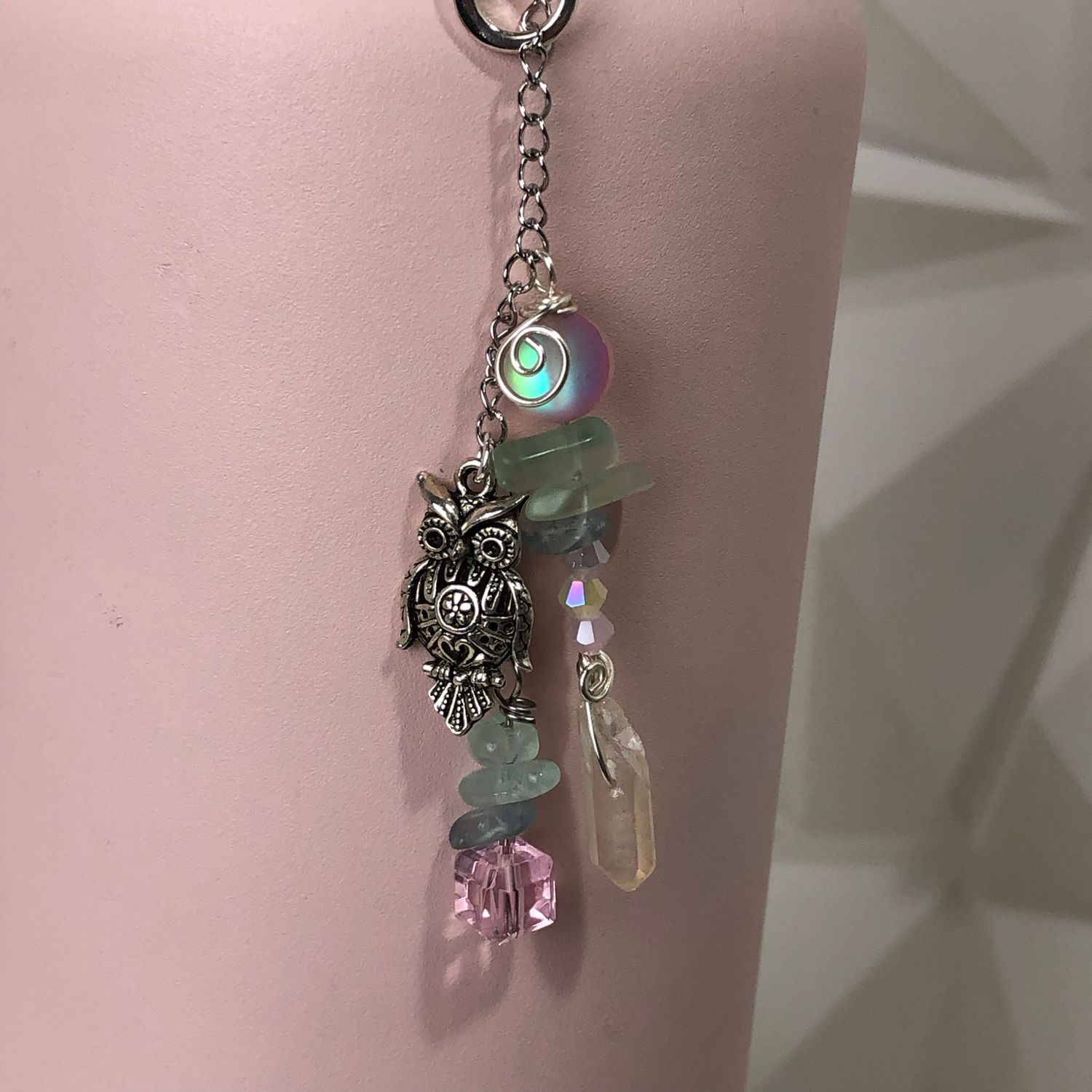 🦉Gemstone Bottle Charm - CLEAR QUARTZ POINT AND RAINBOW FLUORITE CHIPS (Owl)
