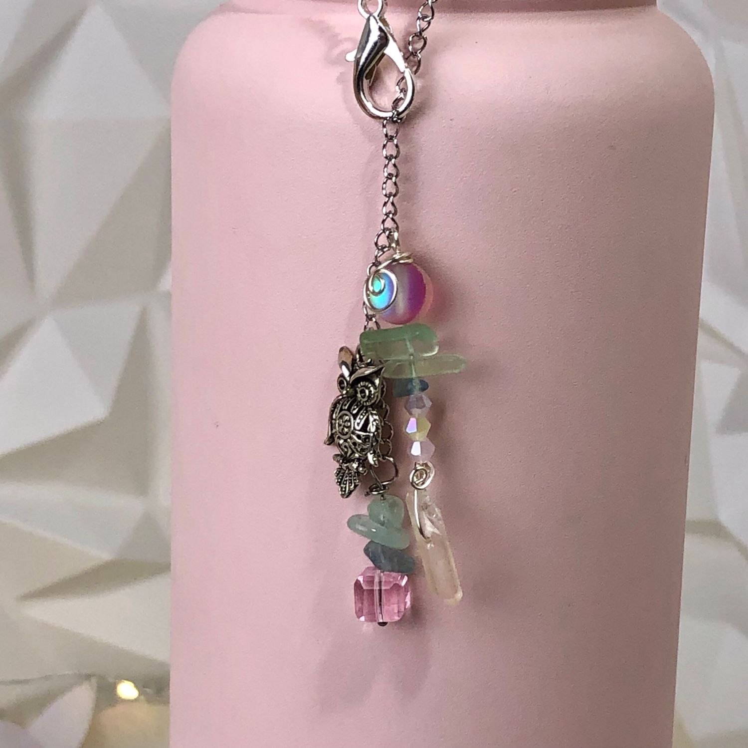 🦉Gemstone Bottle Charm - CLEAR QUARTZ POINT AND RAINBOW FLUORITE CHIPS (Owl)