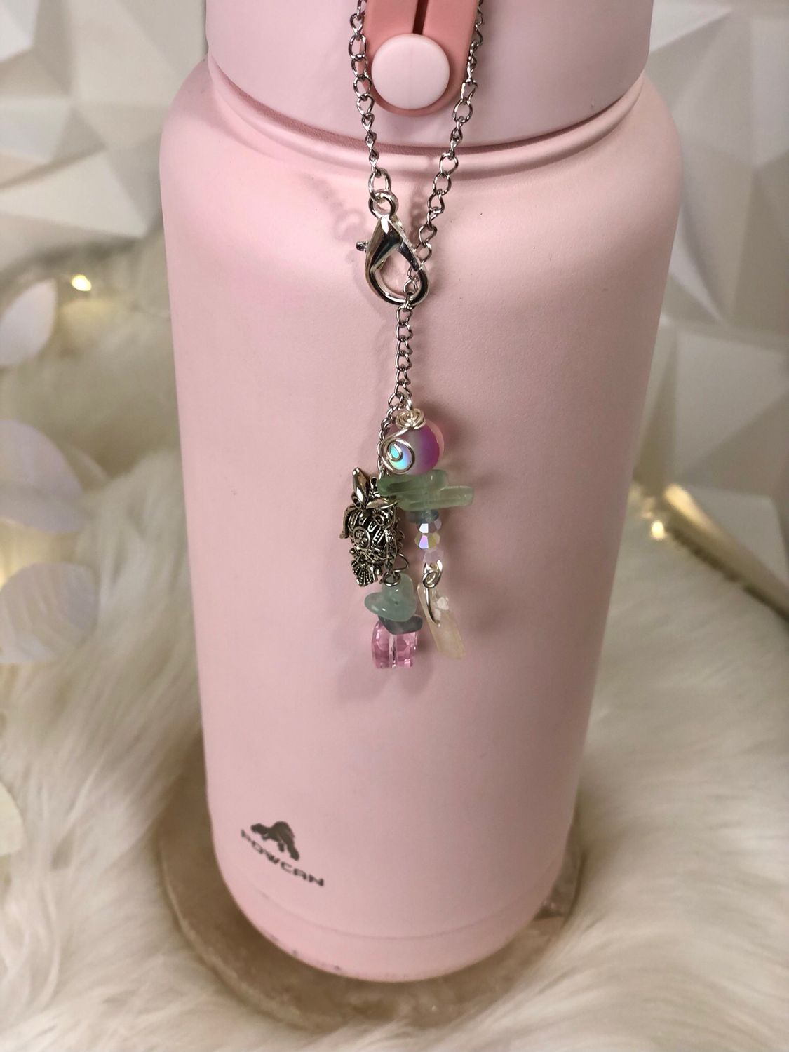🦉Gemstone Bottle Charm - CLEAR QUARTZ POINT AND RAINBOW FLUORITE CHIPS (Owl)
