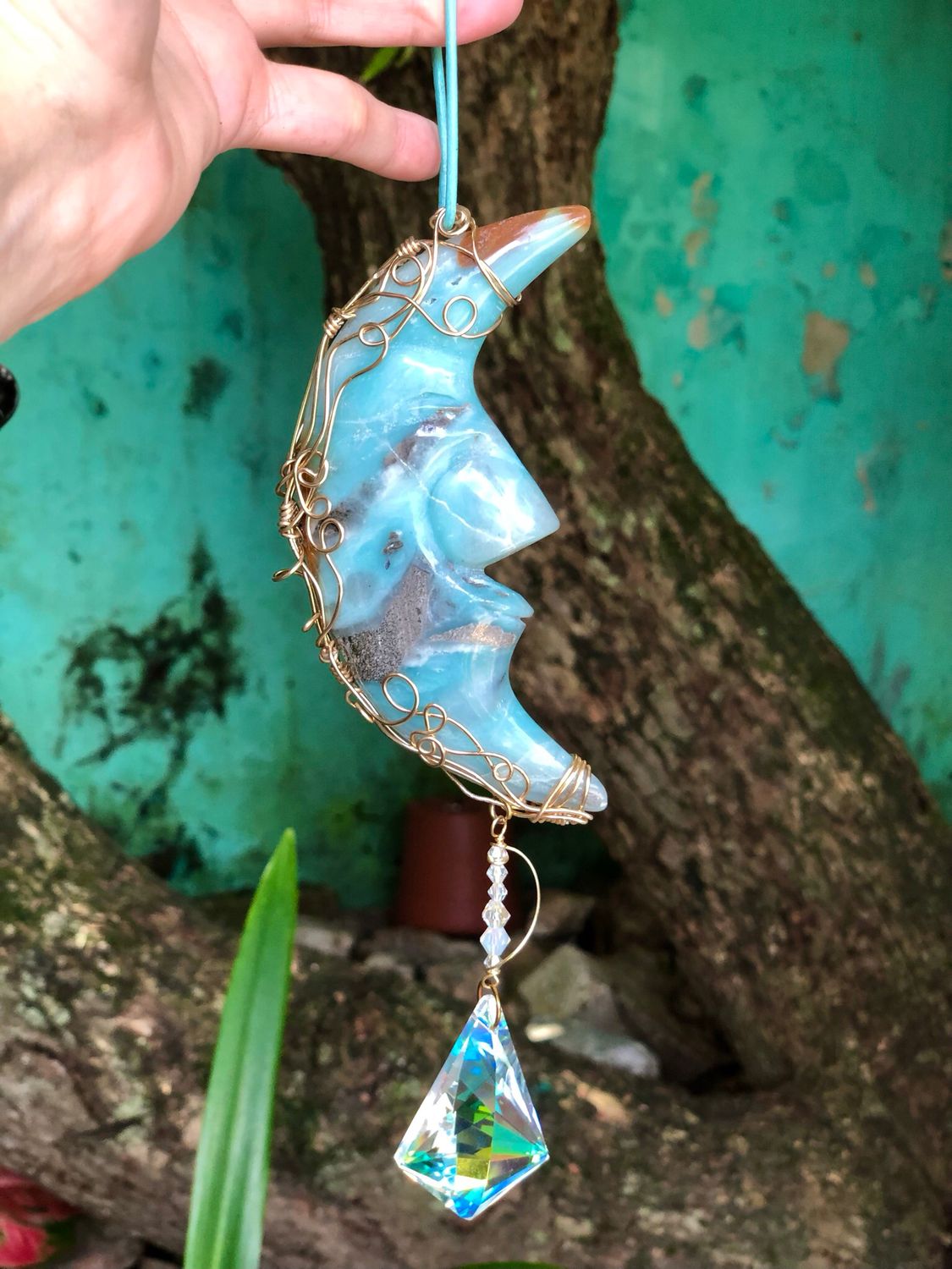 🌊 CARIBBEAN BLUE CALCITE MOON - Gemstone Light Catcher - Hand-wrapped In Gold Plated Wire