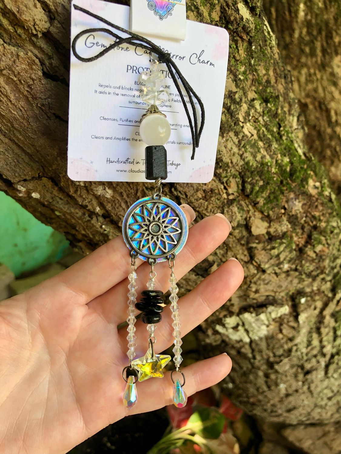 BLACK TOURMALINE &amp; SELENITE - Car Shield (Hang On Rear view Mirror)