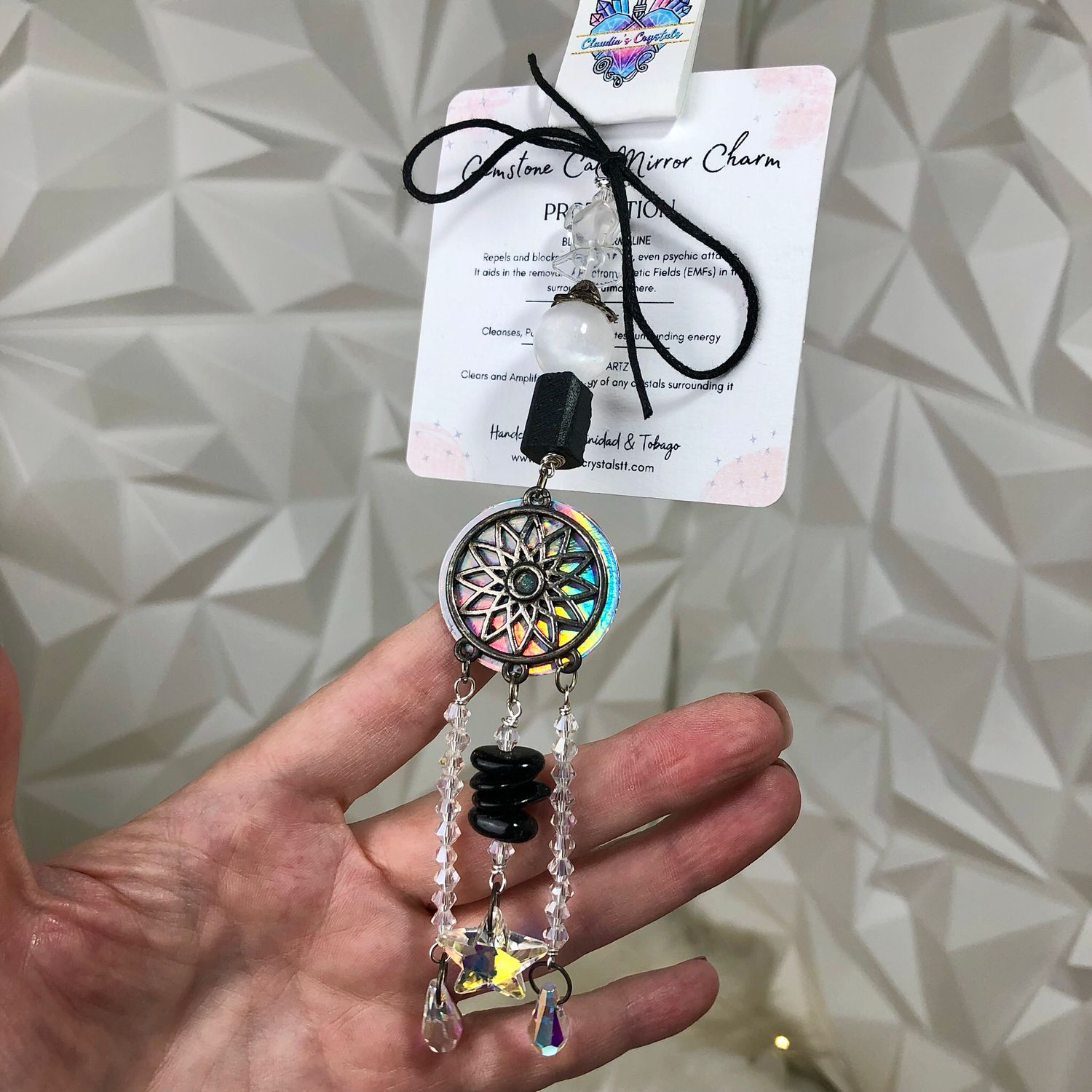 BLACK TOURMALINE &amp; SELENITE - Car Shield (Hang On Rear view Mirror)