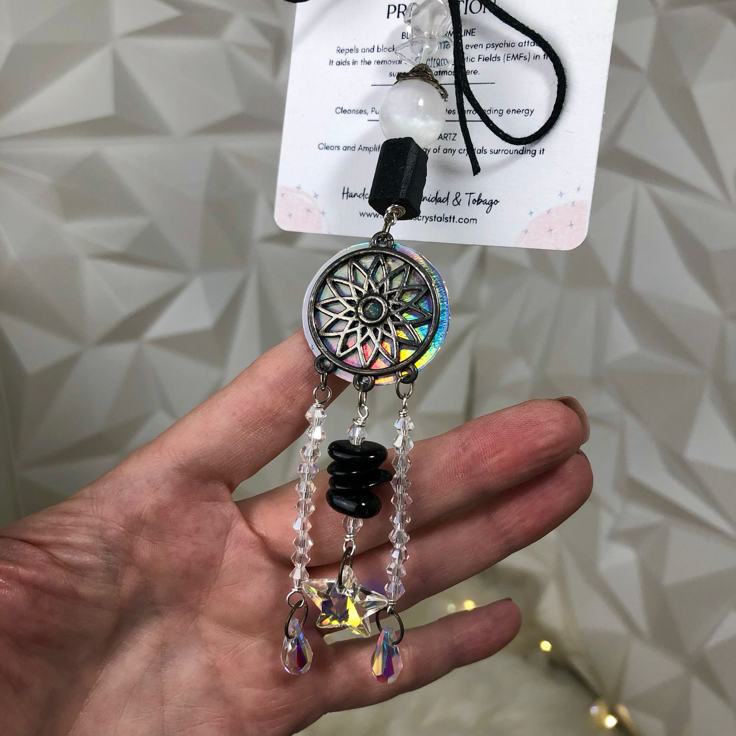 BLACK TOURMALINE &amp; SELENITE - Car Shield (Hang On Rear view Mirror)
